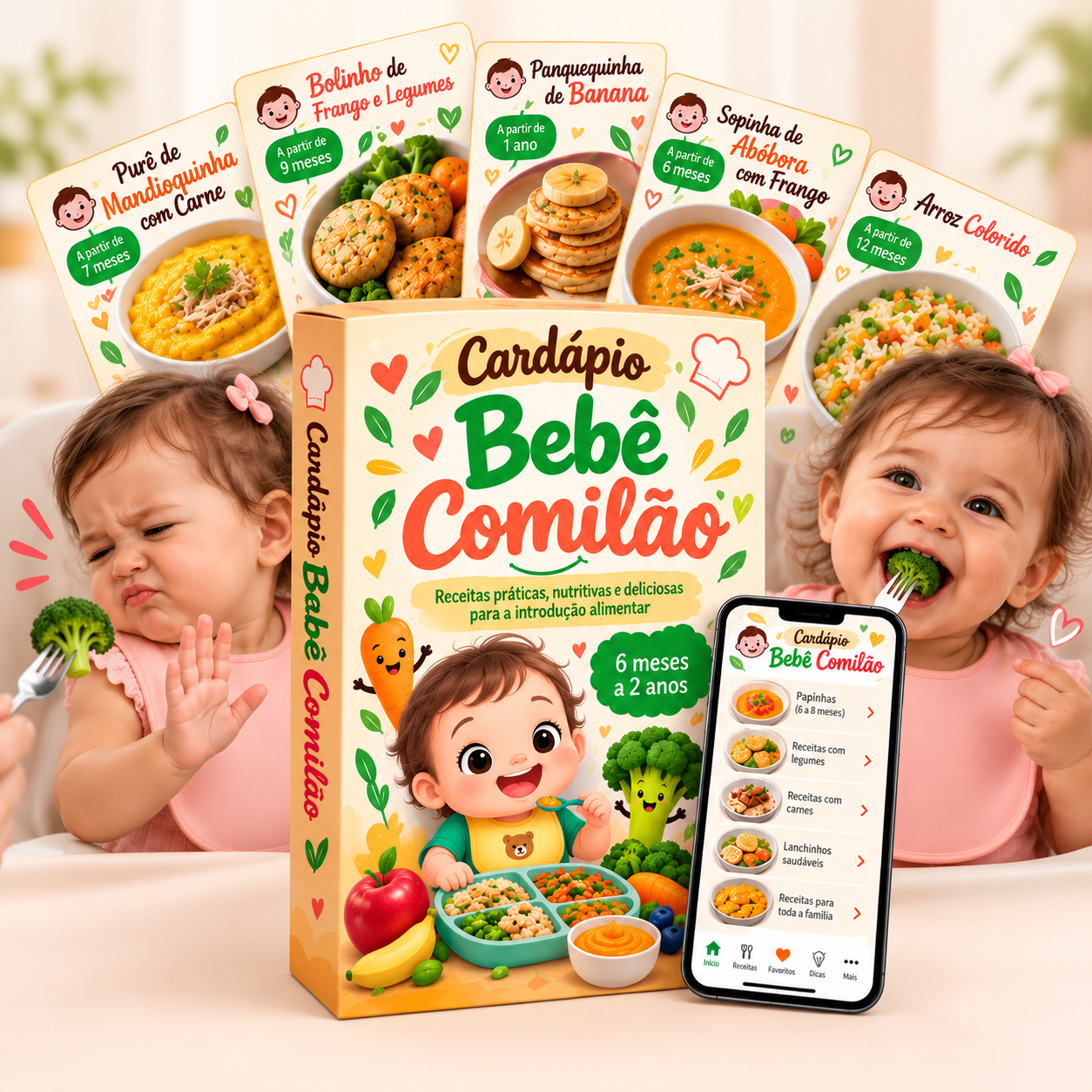 Kit do Cardápio Bebê Comilão com caixa, receitas e cardápio semanal no celular