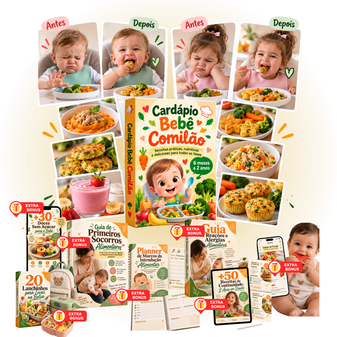 Combo completo do Cardápio Bebê Comilão com receitas, guias, planner e bônus