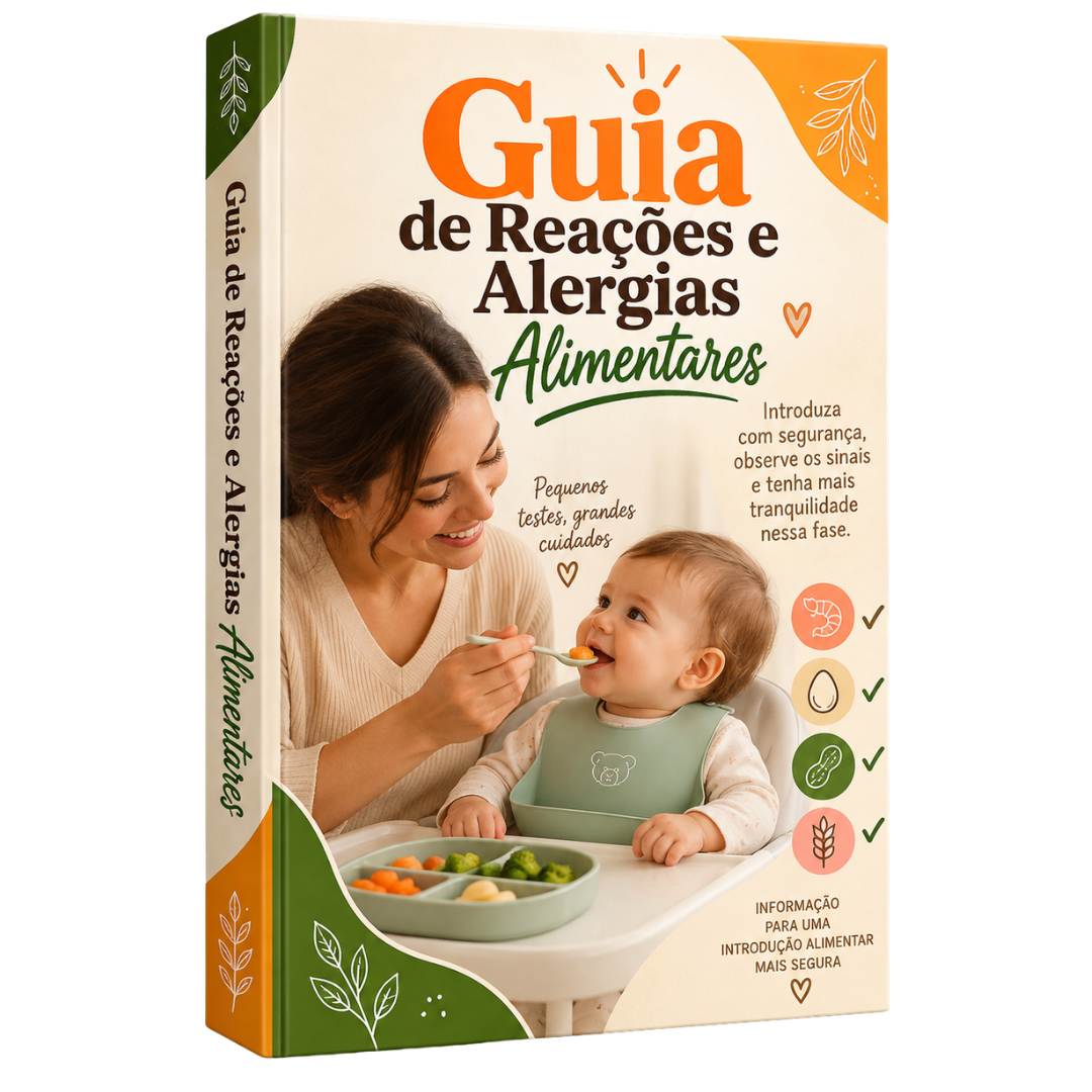 Guia de Reações e Alergias Alimentares com mamãe alimentando o bebê na capa