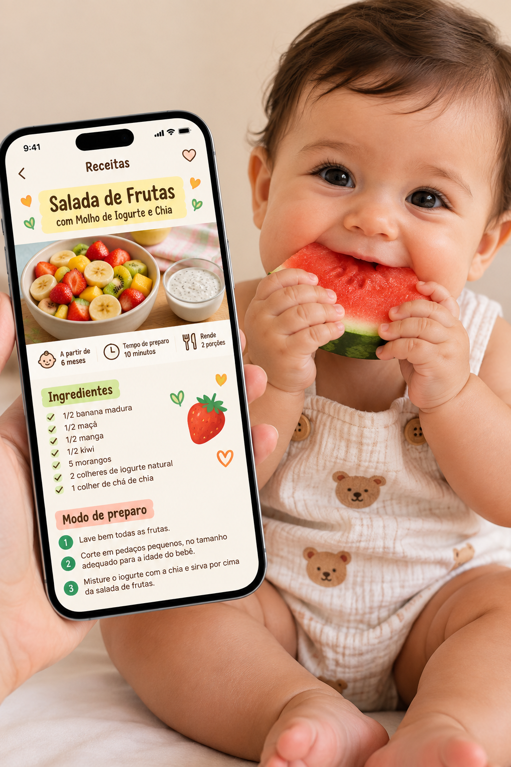 Bebê comendo melancia ao lado de um celular exibindo a receita de salada de frutas